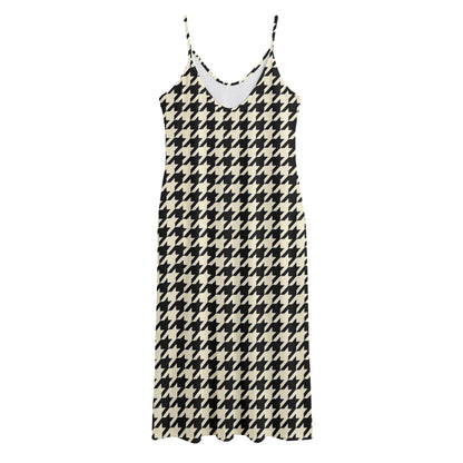 Tan And Black Houndstooth Pattern Print Jersey Midi Cami Dress