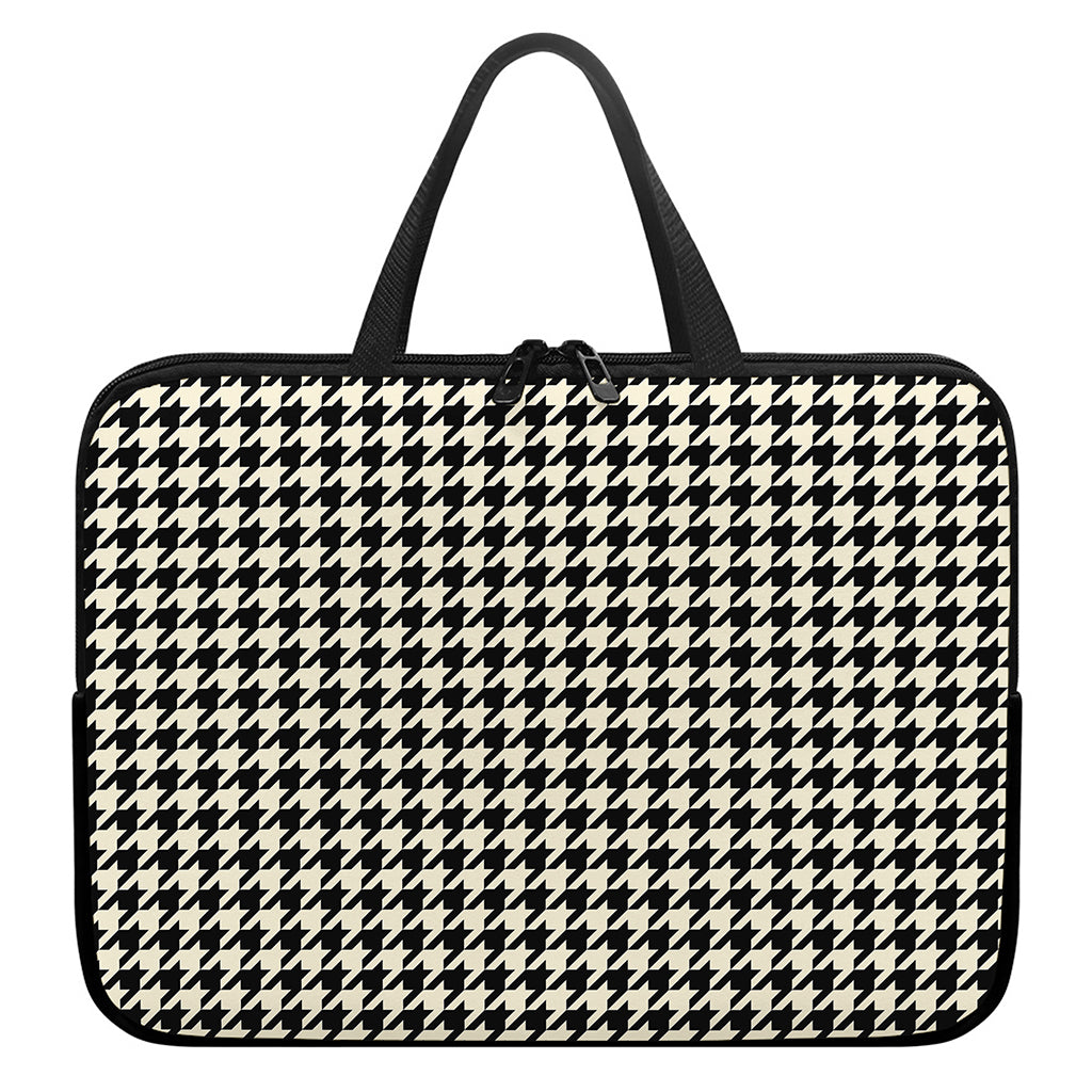 Tan And Black Houndstooth Pattern Print Laptop Sleeve With Handle