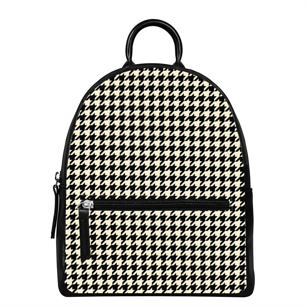 Tan And Black Houndstooth Pattern Print Leather Backpack