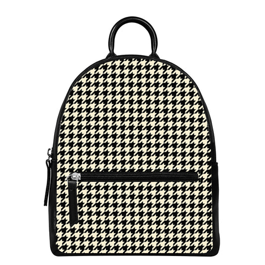 Tan And Black Houndstooth Pattern Print Leather Backpack