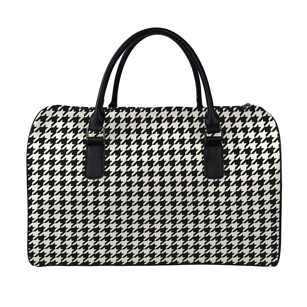 Tan And Black Houndstooth Pattern Print Leather Duffle Bag