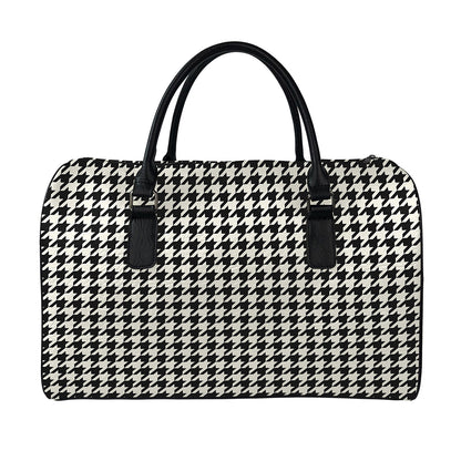 Tan And Black Houndstooth Pattern Print Leather Duffle Bag