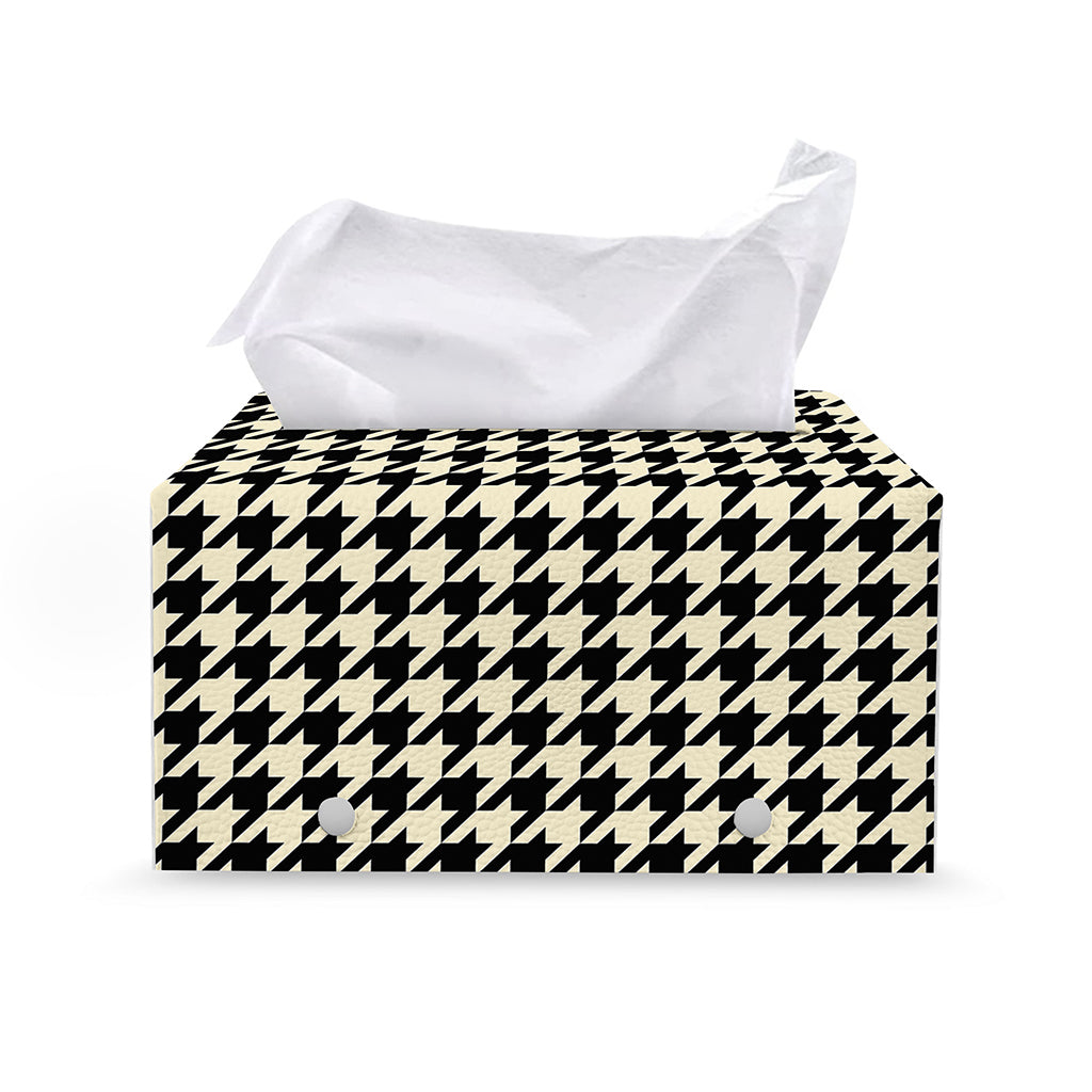 Tan And Black Houndstooth Pattern Print Leather Tissue Box Cover