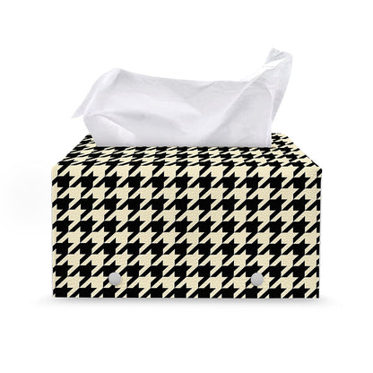 Tan And Black Houndstooth Pattern Print Leather Tissue Box Cover