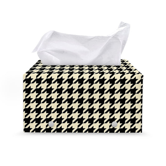 Tan And Black Houndstooth Pattern Print Leather Tissue Box Cover