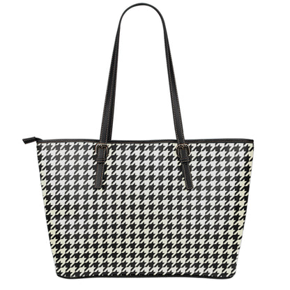 Tan And Black Houndstooth Pattern Print Leather Tote Bag
