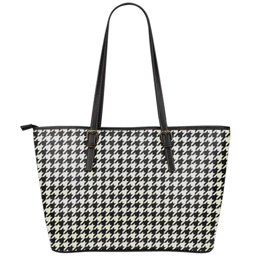 Tan And Black Houndstooth Pattern Print Leather Tote Bag