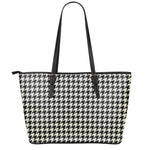 Tan And Black Houndstooth Pattern Print Leather Tote Bag