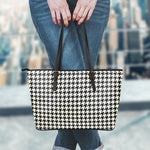 Tan And Black Houndstooth Pattern Print Leather Tote Bag
