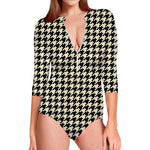 Tan And Black Houndstooth Pattern Print Long Sleeve Swimsuit
