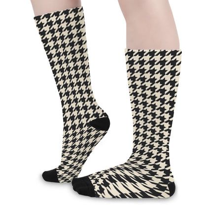 Tan And Black Houndstooth Pattern Print Long Socks