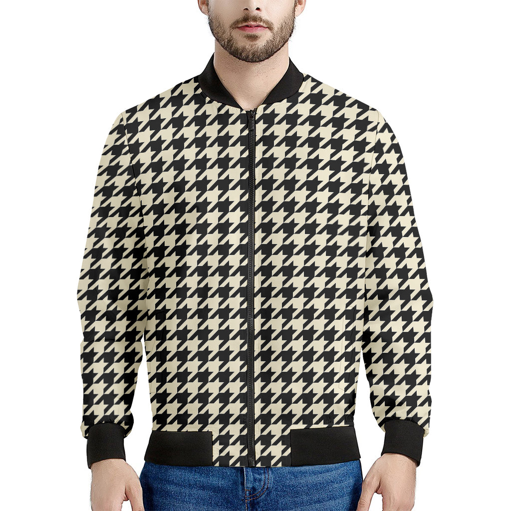 Tan And Black Houndstooth Pattern Print Men's Bomber Jacket