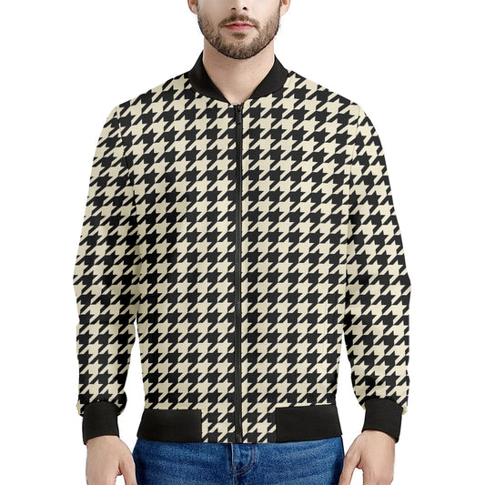 Tan And Black Houndstooth Pattern Print Men's Bomber Jacket