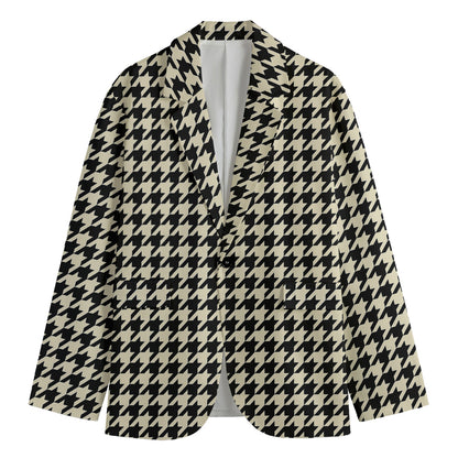 Tan And Black Houndstooth Pattern Print Men's Cotton Blazer