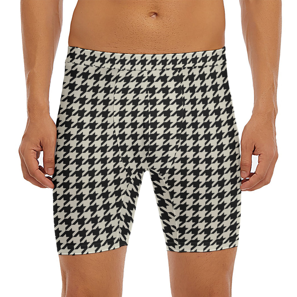 Tan And Black Houndstooth Pattern Print Men's Long Boxer Briefs