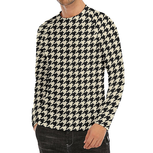 Tan And Black Houndstooth Pattern Print Men's Long Sleeve Rash Guard