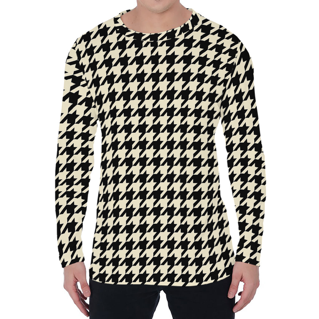 Tan And Black Houndstooth Pattern Print Men's Long Sleeve T-Shirt
