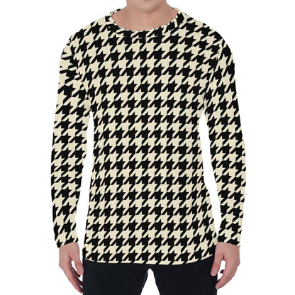 Tan And Black Houndstooth Pattern Print Men's Long Sleeve T-Shirt