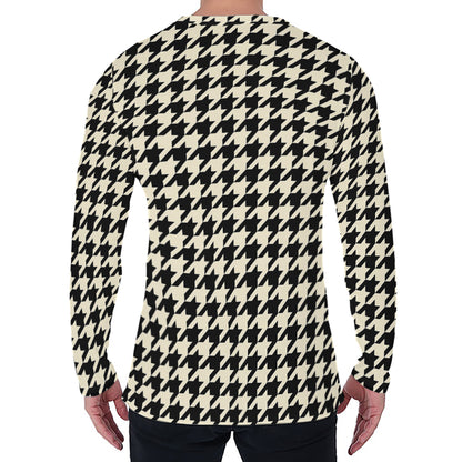 Tan And Black Houndstooth Pattern Print Men's Long Sleeve T-Shirt