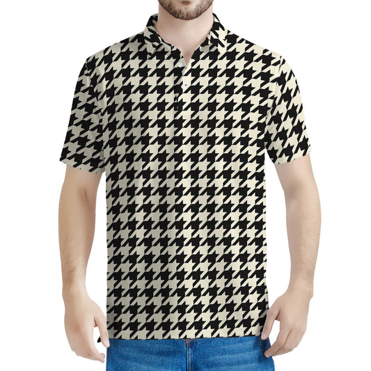 Tan And Black Houndstooth Pattern Print Men's Polo Shirt