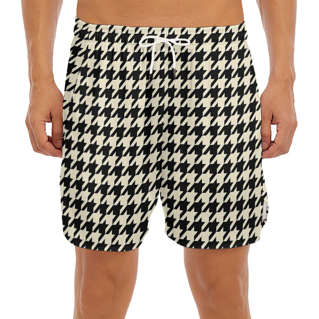 Tan And Black Houndstooth Pattern Print Men's Split Running Shorts