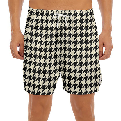 Tan And Black Houndstooth Pattern Print Men's Split Running Shorts