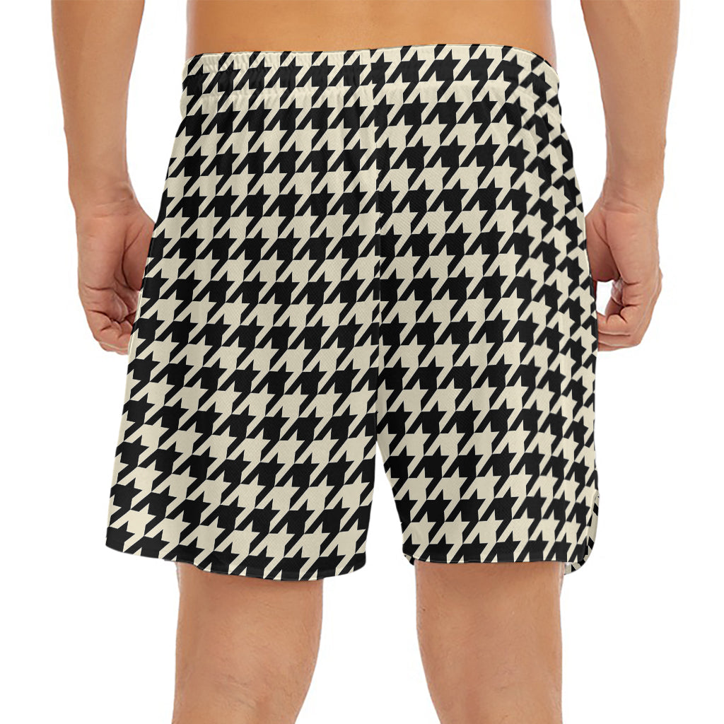 Tan And Black Houndstooth Pattern Print Men's Split Running Shorts