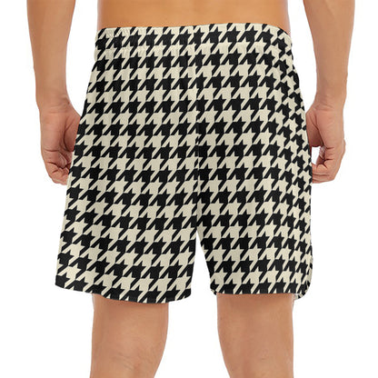 Tan And Black Houndstooth Pattern Print Men's Split Running Shorts