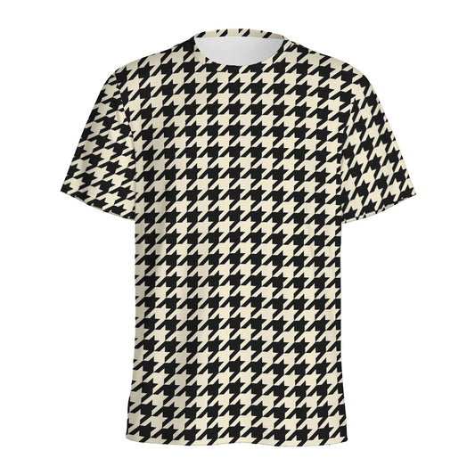 Tan And Black Houndstooth Pattern Print Men's Sports T-Shirt