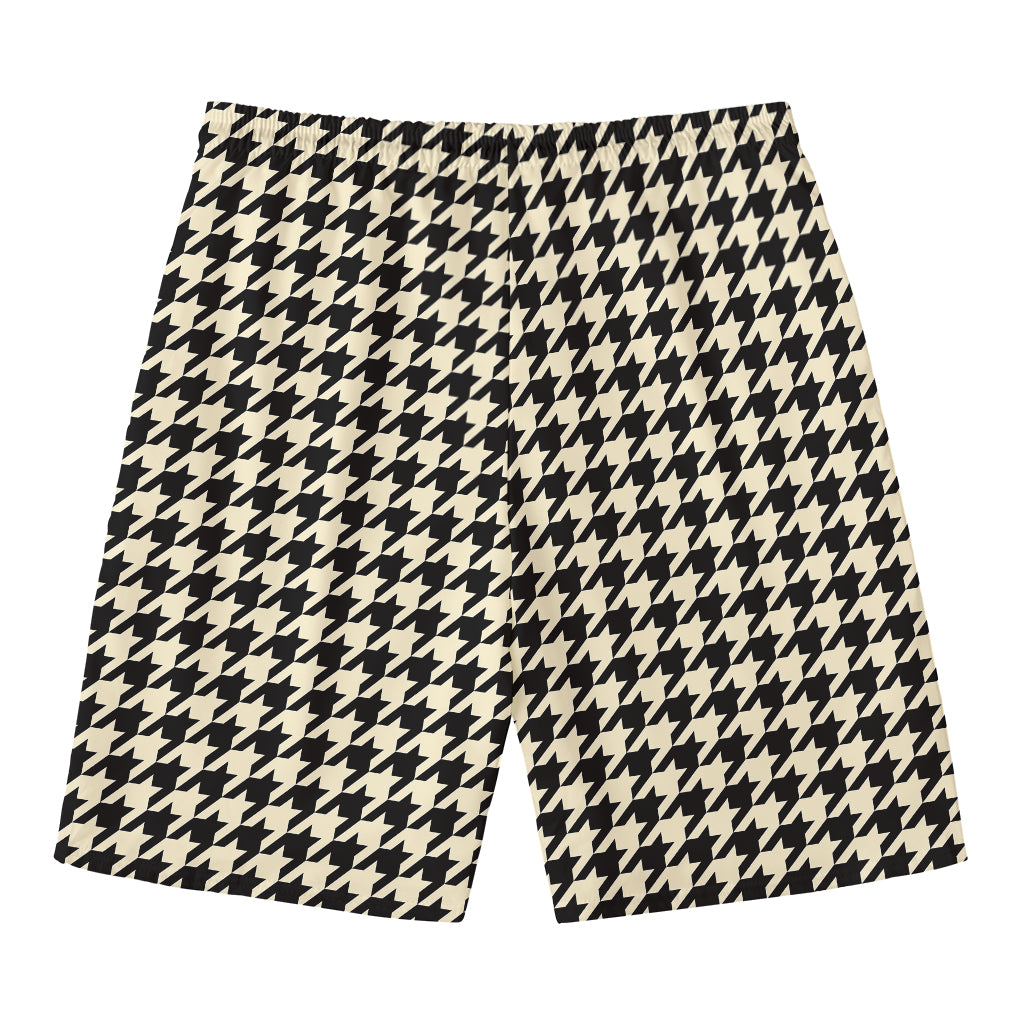 Tan And Black Houndstooth Pattern Print Men's Swim Trunks