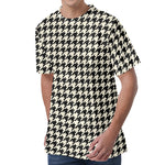 Tan And Black Houndstooth Pattern Print Men's Velvet T-Shirt