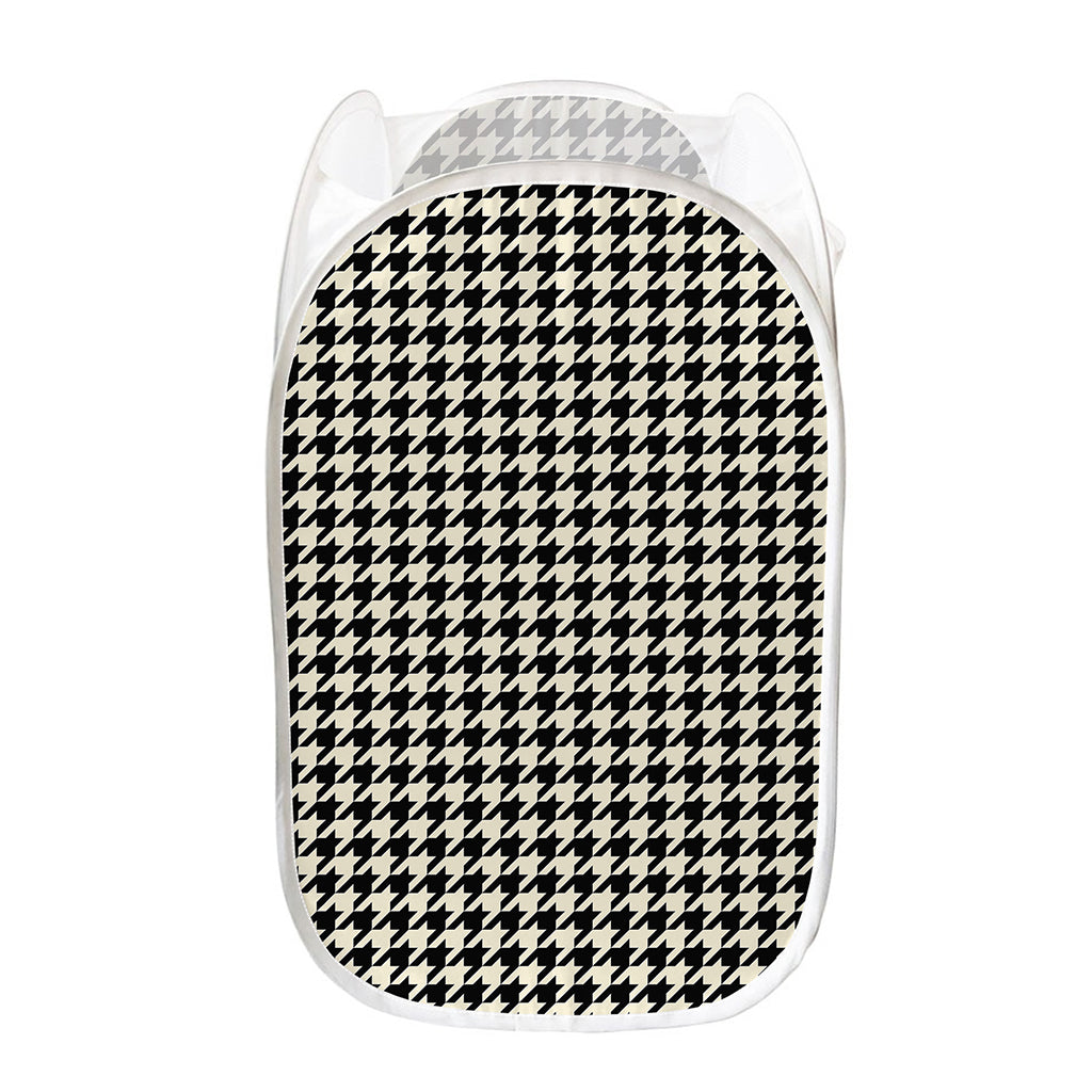 Tan And Black Houndstooth Pattern Print Mesh Laundry Hamper