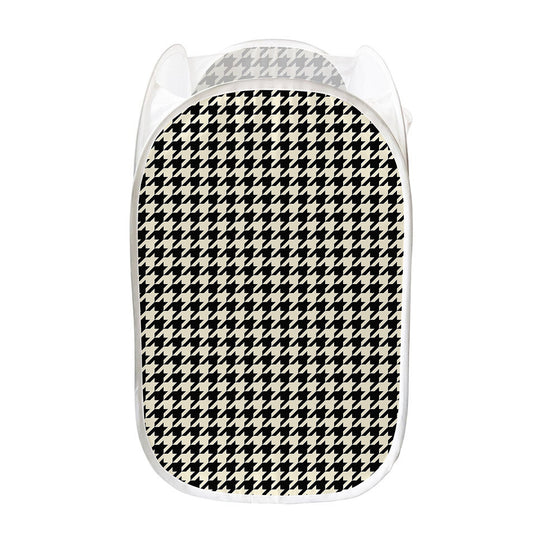 Tan And Black Houndstooth Pattern Print Mesh Laundry Hamper