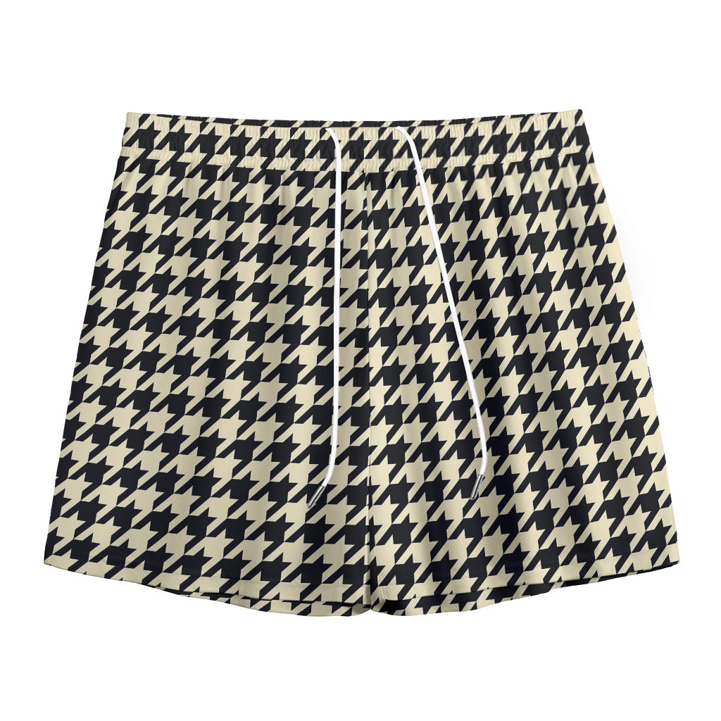 Tan And Black Houndstooth Pattern Print Mesh Shorts