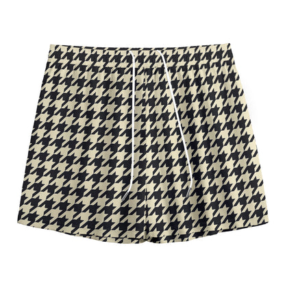 Tan And Black Houndstooth Pattern Print Mesh Shorts