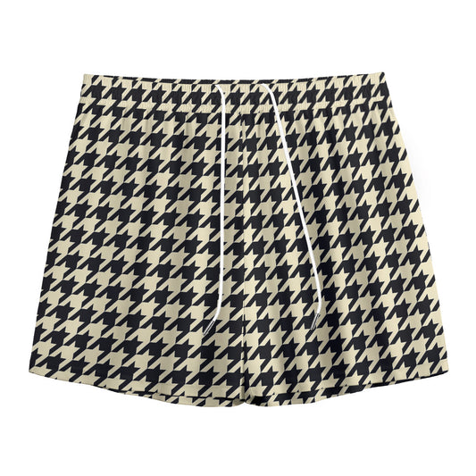 Tan And Black Houndstooth Pattern Print Mesh Shorts