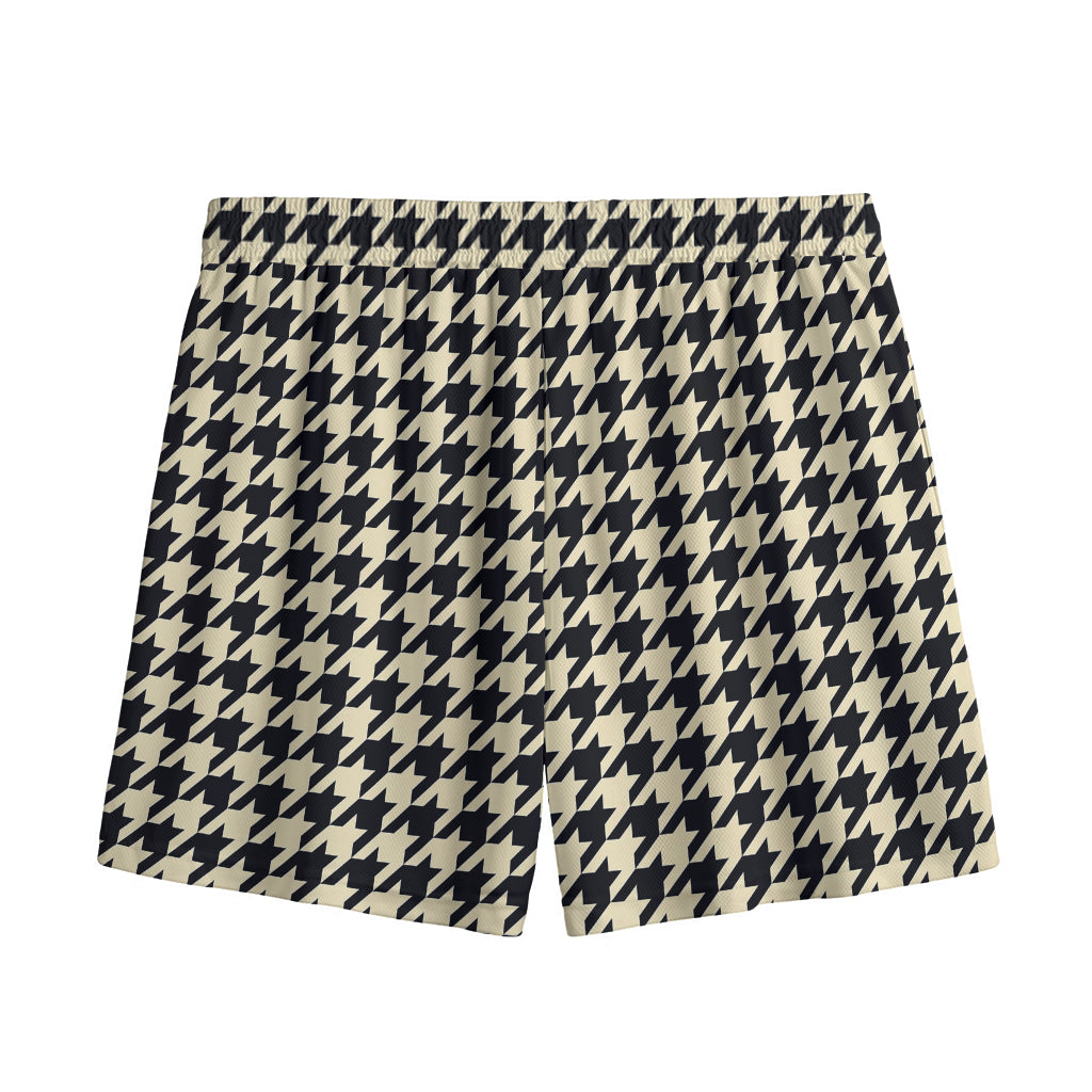Tan And Black Houndstooth Pattern Print Mesh Shorts