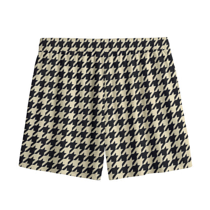 Tan And Black Houndstooth Pattern Print Mesh Shorts