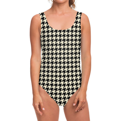 Tan And Black Houndstooth Pattern Print One Piece Swimsuit