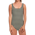 Tan And Black Houndstooth Pattern Print One Piece Swimsuit