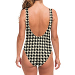 Tan And Black Houndstooth Pattern Print One Piece Swimsuit
