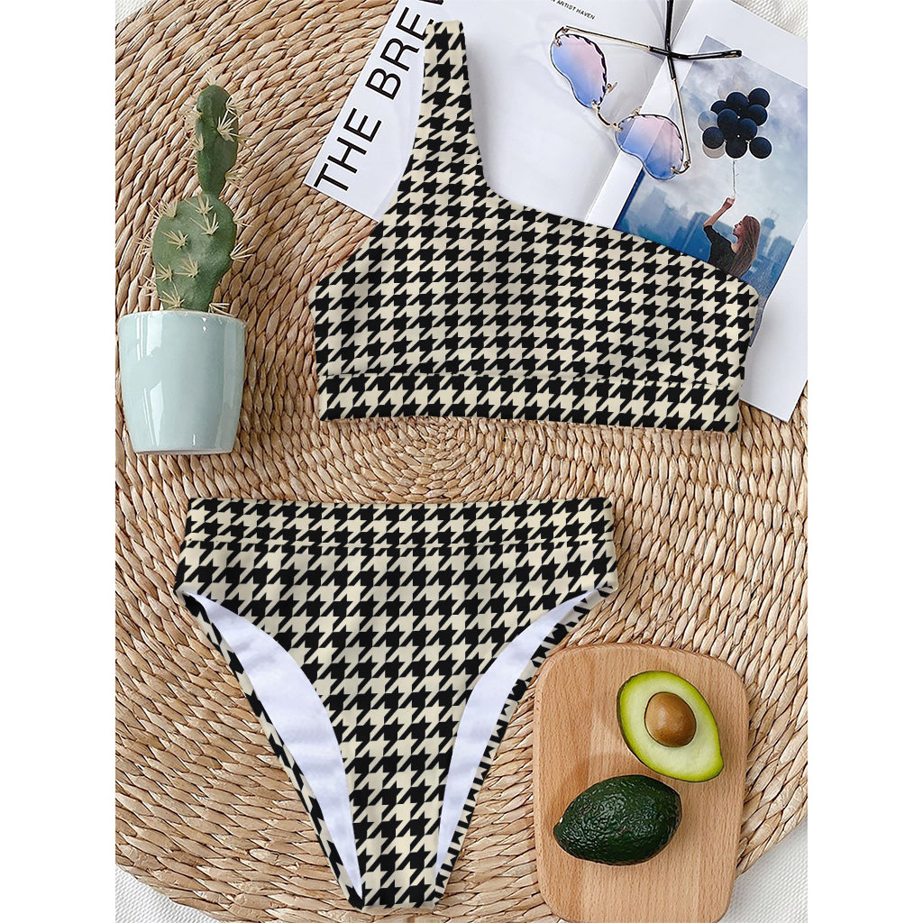 Tan And Black Houndstooth Pattern Print One Shoulder Bikini Top