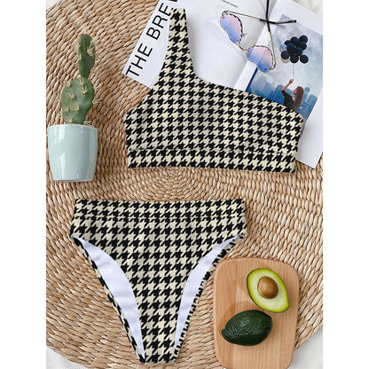 Tan And Black Houndstooth Pattern Print One Shoulder Bikini Top