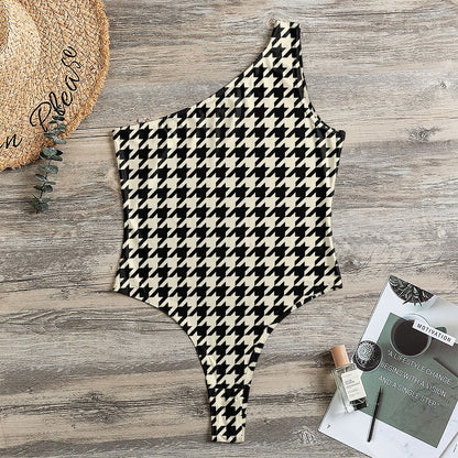 Tan And Black Houndstooth Pattern Print One Shoulder Bodysuit
