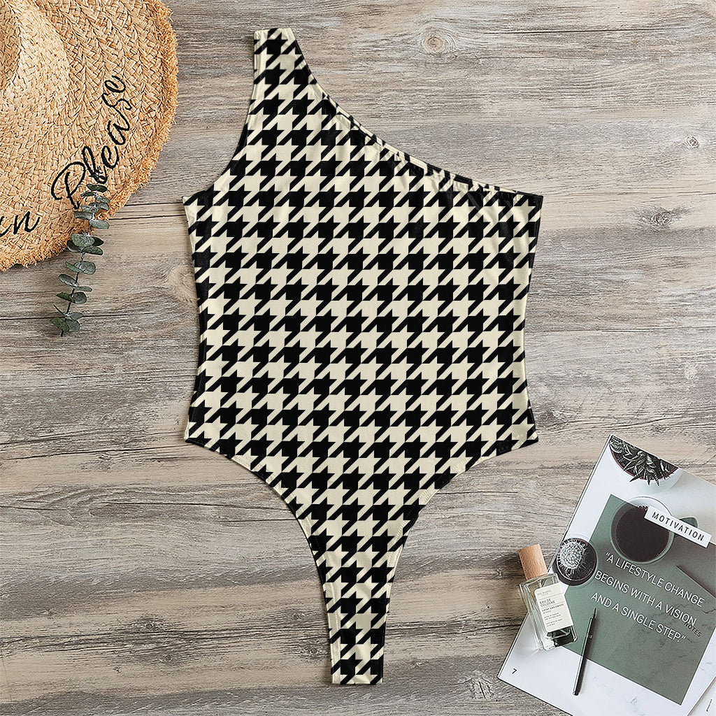 Tan And Black Houndstooth Pattern Print One Shoulder Bodysuit