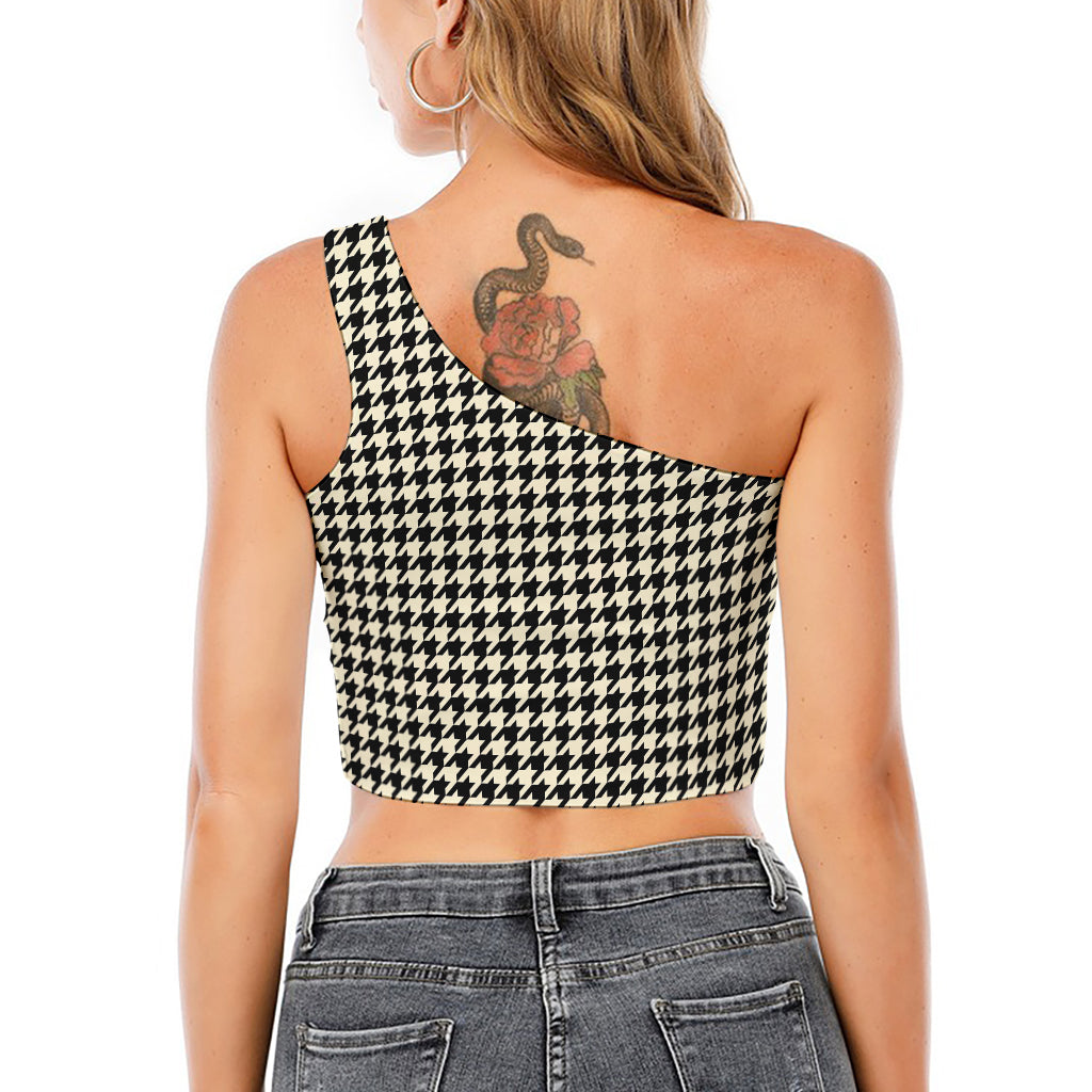Tan And Black Houndstooth Pattern Print One Shoulder Crop Top
