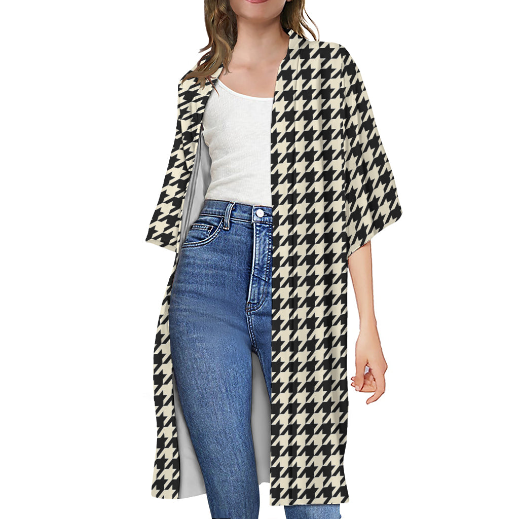 Tan And Black Houndstooth Pattern Print Open Front Beach Cover Up
