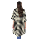 Tan And Black Houndstooth Pattern Print Open Front Beach Cover Up