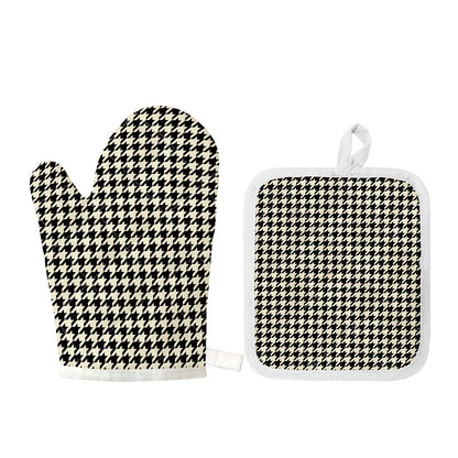 Tan And Black Houndstooth Pattern Print Oven Mitt And Pot Holder Set