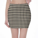 Tan And Black Houndstooth Pattern Print Pencil Mini Skirt